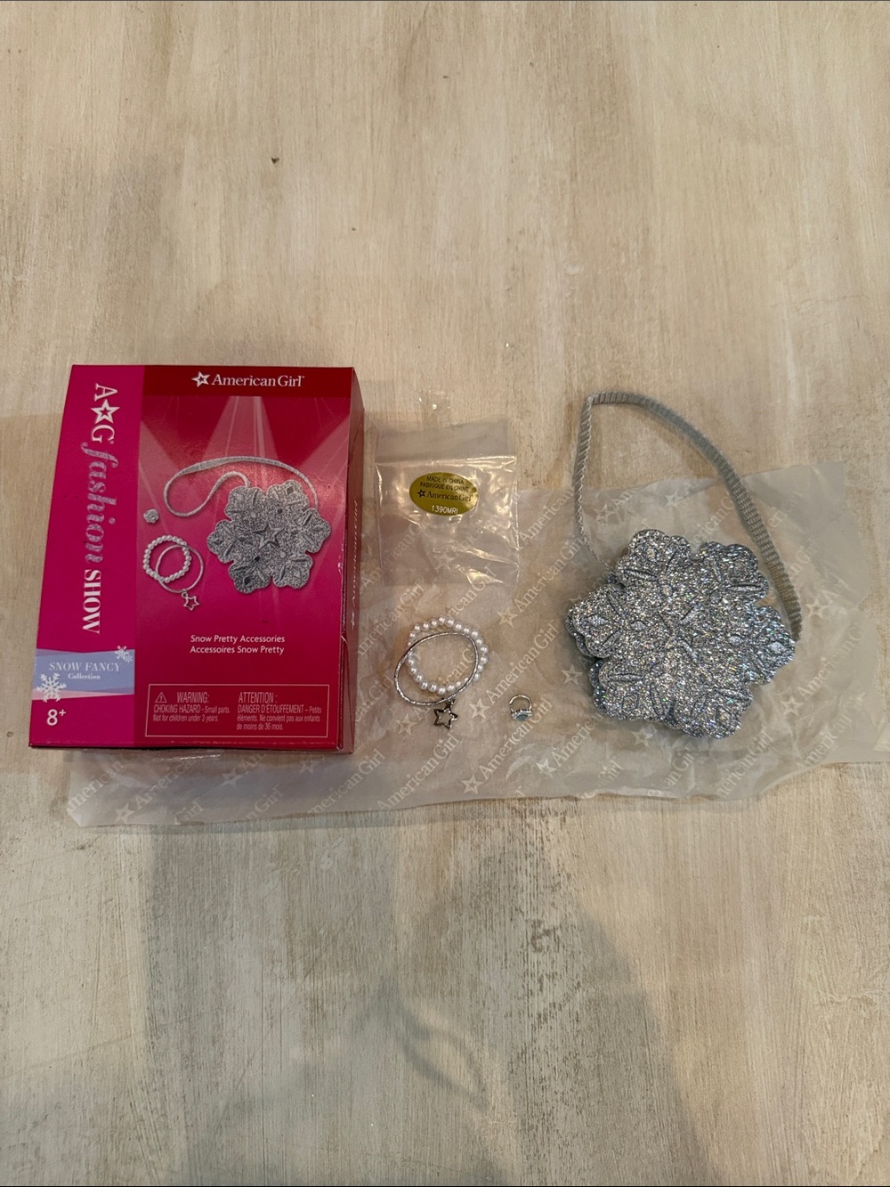 American Girl Silver Glitter Snowflake Purse with Bracelet Set and ring